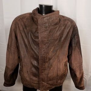 Mens Brown Leather Distressed Bomber Jacket